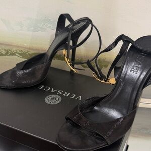 Versace Shimmering Black Heels with Gold Accent